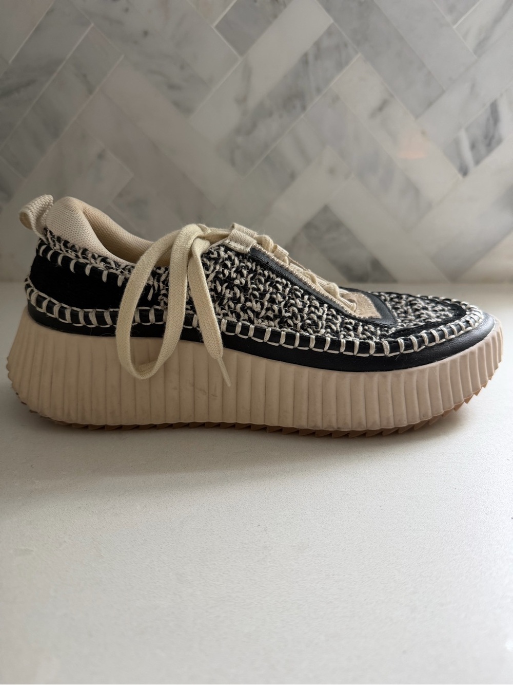 Dolce Vita Woven Platform Lace-Up Sneakers in Black & Cream - Picture 12 of 13